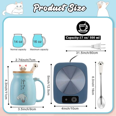 Coffee Cup Warmer with Cat Mug for Women Ceramic Cat Mug Electric Coffee Mug Heater Cute Cat Smart Tea Beverage Cup Warmer for Cat Lovers Christmas New Year Birthday Gift (Blue) in Kuwait