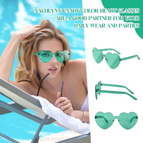 NACHLYNN 10 Pairs Heart Sunglasses Women Rimless Heart Shaped Sunglasses Candy Color Heart Glasses for Costumes Cosplay (Green) in Kuwait