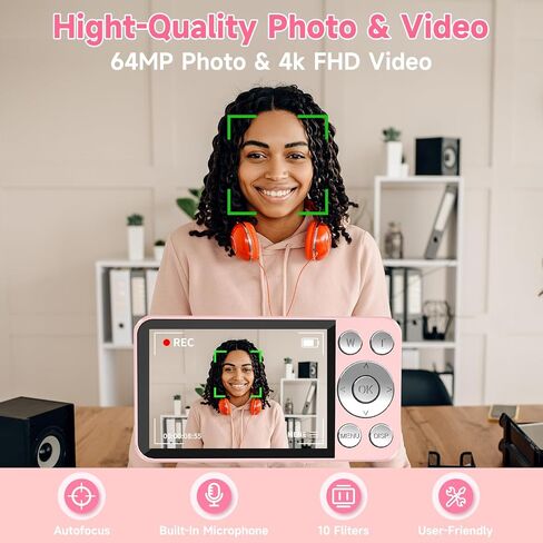 كاميرا رقمية، 2024 أحدث 4K 64 ميجابكسل ضبط تلقائي للصورة 18X تكبير نقطة وكاميرا رقمية، مضادة للاهتزاز، بطاقة 64 جيجابايت، كاميرا مدمجة محمولة للأولاد والبنات والمراهقين هدية للأطفال (وردي) in Kuwait