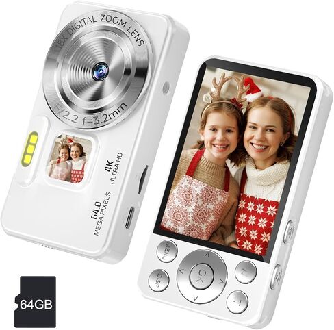 كاميرا رقمية، 2024 أحدث 4K 64 ميجابكسل ضبط تلقائي للصورة 18X تكبير نقطة وكاميرا رقمية، مضادة للاهتزاز، بطاقة 64 جيجابايت، كاميرا مدمجة محمولة للأولاد والبنات والمراهقين هدية للأطفال (وردي) in Kuwait