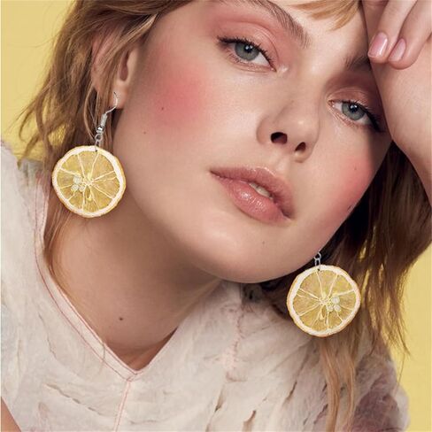 Handmade Real Lemon Earrings for Women Unique Dried Fruit Earrings Pressed Lemon Natural Earrings Cute Summer Orange Fruit Jewelry Birthday Gift (Lemon) in Saudi Arabia