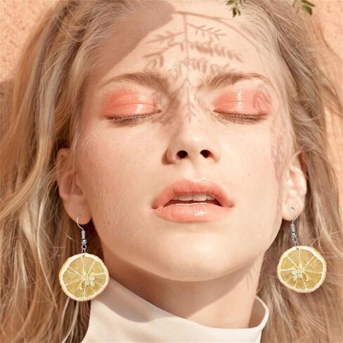 Handmade Real Lemon Earrings for Women Unique Dried Fruit Earrings Pressed Lemon Natural Earrings Cute Summer Orange Fruit Jewelry Birthday Gift (Lemon) in Saudi Arabia