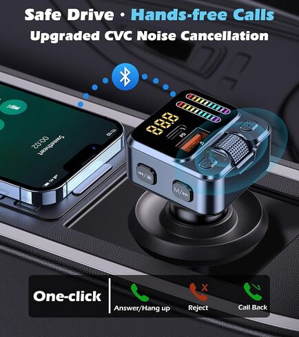 KAIY محول بلوتوث للسيارة جهاز إرسال FM، محول بلوتوث AUX للسيارة بدون استخدام اليدين وموسيقى لاسلكية راديو السيارة بلوتوث HiFi Bass، شاحن سيارة USB 42 وات PD، يدعم محرك USB in Kuwait