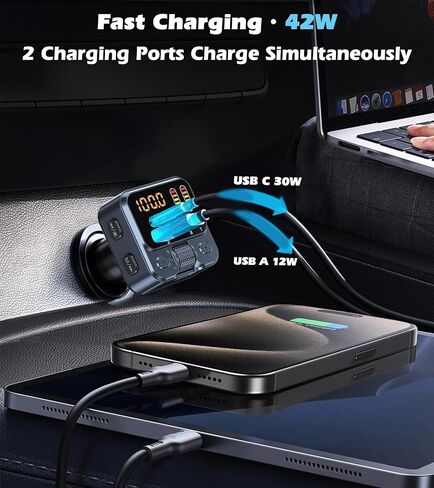 KAIY محول بلوتوث للسيارة جهاز إرسال FM، محول بلوتوث AUX للسيارة بدون استخدام اليدين وموسيقى لاسلكية راديو السيارة بلوتوث HiFi Bass، شاحن سيارة USB 42 وات PD، يدعم محرك USB in Kuwait