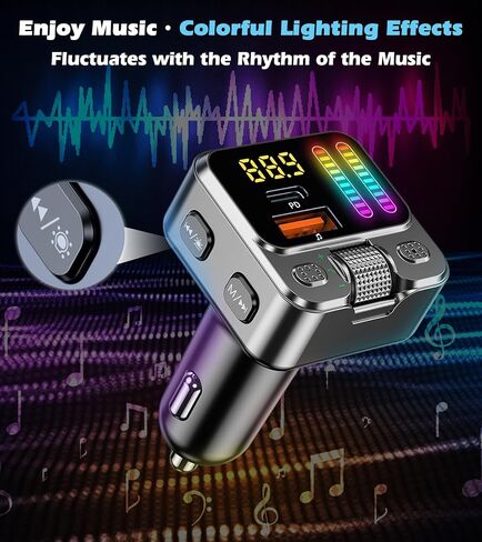 KAIY محول بلوتوث للسيارة جهاز إرسال FM، محول بلوتوث AUX للسيارة بدون استخدام اليدين وموسيقى لاسلكية راديو السيارة بلوتوث HiFi Bass، شاحن سيارة USB 42 وات PD، يدعم محرك USB in Kuwait