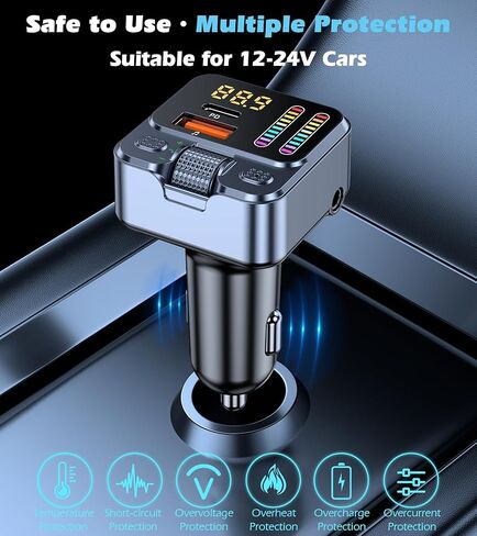 KAIY محول بلوتوث للسيارة جهاز إرسال FM، محول بلوتوث AUX للسيارة بدون استخدام اليدين وموسيقى لاسلكية راديو السيارة بلوتوث HiFi Bass، شاحن سيارة USB 42 وات PD، يدعم محرك USB in Kuwait