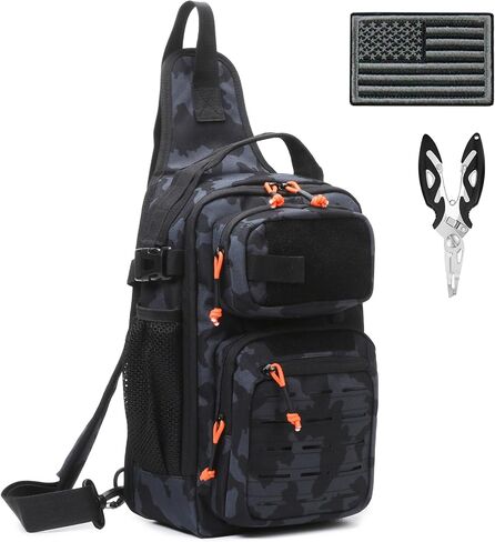 Fishing Backpack, 12L Tackle Storage Sling Bag Lightweight Fishing Sling Pack Tactical Shoulder Backpacks Tool Bags for Fishing with US Flag Patch and Fishing Plier (1 Pack Black Camo) in Saudi Arabia