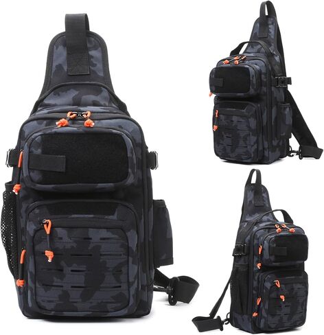 Fishing Backpack, 12L Tackle Storage Sling Bag Lightweight Fishing Sling Pack Tactical Shoulder Backpacks Tool Bags for Fishing with US Flag Patch and Fishing Plier (1 Pack Black Camo) in Saudi Arabia