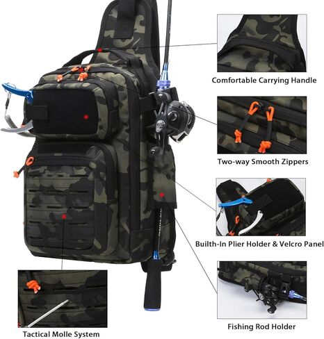 Fishing Backpack, 12L Tackle Storage Sling Bag Lightweight Fishing Sling Pack Tactical Shoulder Backpacks Tool Bags for Fishing with US Flag Patch and Fishing Plier (1 Pack Black Camo) in Saudi Arabia