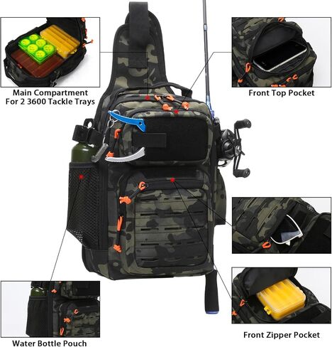Fishing Backpack, 12L Tackle Storage Sling Bag Lightweight Fishing Sling Pack Tactical Shoulder Backpacks Tool Bags for Fishing with US Flag Patch and Fishing Plier (1 Pack Black Camo) in Saudi Arabia