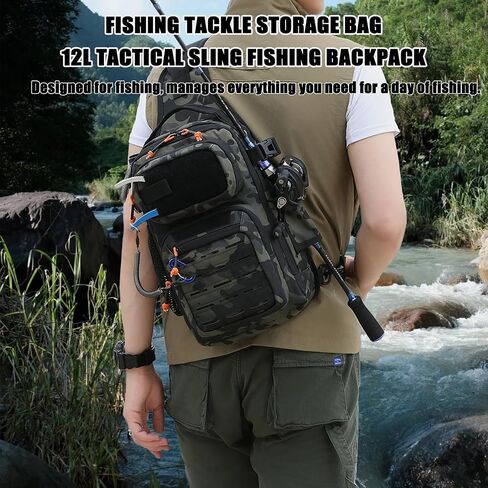 Fishing Backpack, 12L Tackle Storage Sling Bag Lightweight Fishing Sling Pack Tactical Shoulder Backpacks Tool Bags for Fishing with US Flag Patch and Fishing Plier (1 Pack Black Camo) in Saudi Arabia