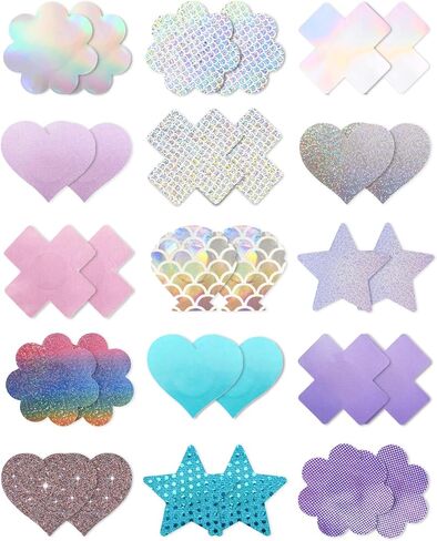 CICKEE Pasties Nipple Covers Pack 15 Pairs, Pasties Bra for Women Nipple Cover Stickers Covering Breast Petal Sticky Boob No Back Bra Pasties Rave - Silver Pink and Purple in Kuwait
