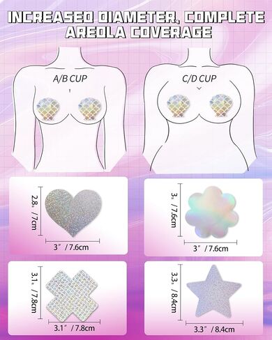 CICKEE Pasties Nipple Covers Pack 15 Pairs, Pasties Bra for Women Nipple Cover Stickers Covering Breast Petal Sticky Boob No Back Bra Pasties Rave - Silver Pink and Purple in Kuwait