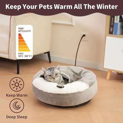 Heated Cat Bed with Hooded Blanket, Heated Cat Beds for Indoor Cats and Small Dogs,Automatic Constant Temperature Control, Anti-Slip Bottom and Machine Washable (20 in) in Saudi Arabia