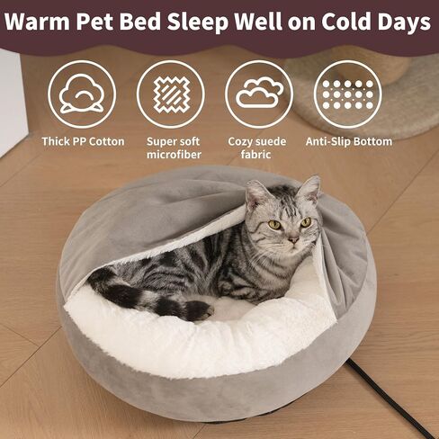 Heated Cat Bed with Hooded Blanket, Heated Cat Beds for Indoor Cats and Small Dogs,Automatic Constant Temperature Control, Anti-Slip Bottom and Machine Washable (20 in) in Saudi Arabia