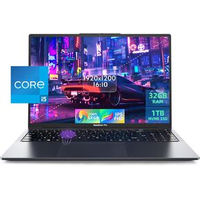 Laptop Computer for Work & Study, 10th Gen Core i5-1035G4, PC with Iris Plus Graphics, 16" FHD IPS 100% sRGB Display, 1920x1200p, 16:10, 32GB DDR4 SSD, 1T SSD, Win 11 Pro, Wi-Fi 5, Fingerprint