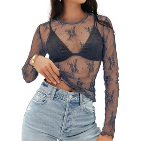 MEROKEETY 2024 Womens Lace Sheer Mesh Long Sleeve Top Crewneck Sexy Y2k See Through Blouse Shirts