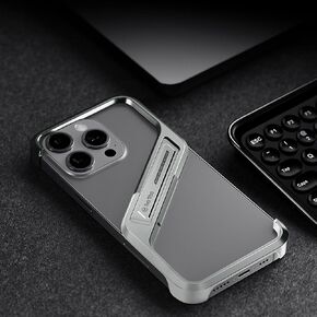 Lightweight Aluminum Alloy Shockproof Frame Case for iPhone 15 Pro Max Metal Bumper Cover with Hidden Stand (Silver)