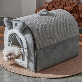 Jiupety Cute Small Dog Bed Cave with Door Curtain Design, Puppy House with Reversible Washable Cushioned, L Size Portable Dog Cave Bed, Cartoon Style Dog Hut Up to 25lbs, Non-Slip Bottom, Grey