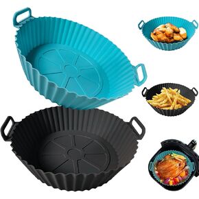 kookkit 2 Pack Air Fryer Silicone Liners, Silicone Air Fryer Liners Reusable for 4-6 QT, Air Fryer Oven Microwave Accessories, Better than Disposable Paper Liner (Black&Blue, 9.45*7.48*2.36inches)