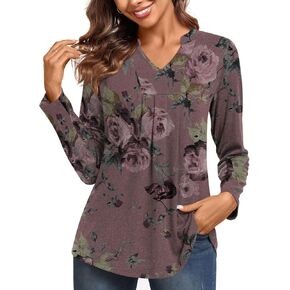 Anyhold Womens Fall Long Sleeve Tunic Tops Notch V Neck Shirt Casual Pleated Basic Pullover
