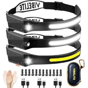 VIBELITE 3PCS Rechargeable Headlamp Flashlight, 230°Wide Beam Headlight with Motion Sensor, 5Mode Headlamps for Forehead, Waterproof Head Light for Camping, Running, Hiking