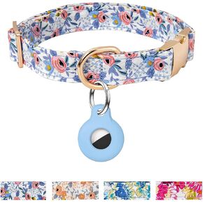 AirTag Dog Collar,Adjustable Dog Collars with AirTag Holder,Cute Puppy Collars with Metal Buckle, Soft Padded Blue Flower Patterns Pet Collar for Small Medium Large Dogs