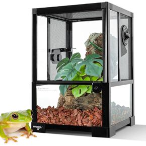 Vertical Habitat Tank 10 Gallon for Tree Dwelling Reptiles and Amphibians, 360°Full Vision Glass Reptile Terrarium 12" x 12" x 18" with Double Side Mesh Panels