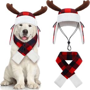 Coume عيد الميلاد قرن الوعل الاختيار الكلب قبعة ووشاح مجموعة الشتاء الأحمر والأسود الجاموس منقوشة الحيوانات الأليفة القبعات مع غطاء للأذنين قابل للتعديل عيد الميلاد احتفالي حزب الحيوانات الأليفة اللباس الملحقات زي (M) in Kuwait