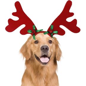 Dog Christmas Reindeer Antlers Headband with Santa Hat, Xmas Classic Elk Hat Headwear for Dogs, Pet Christmas Costume Accessories for Medium Large Dogs (Brown Antlers)