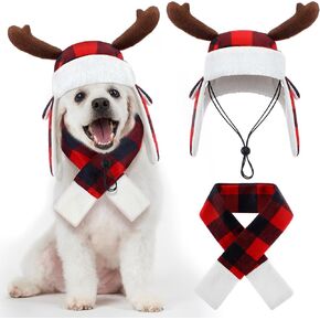 Coume Christmas Antler Check Dog Hat and Scarf Set Winter Red and Black Buffalo Plaid Pets Hats with Earmuffs Adjustable Xmas Festive Party Pet Dress up Costume Accessories(M)