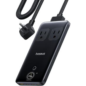 Baseus Blade Charging Station 140W, 6-in-1 Compact USB C Power Strip, 5ft Detachable Flat Extension Cord with 2AC, 3 USB-C, 1 USB-A, Digital Display, Slim Fast Desktop Charger for Work and Travel