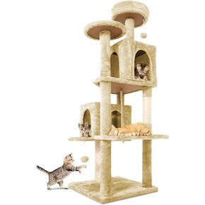58.5inch Large Cat Tree Tower Condo for Indoor Cats, Soft Plush Multi-Level Climbing Tree Cat House with 1 360° Rotating Cat Cave, Scratching Post, More Entrance/Exit, Sisal Rope, Grey Black