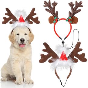2 Pack Dog Christmas Elk Reindeer Antlers Headbands, Xmas Elk Hat Headwear for Dogs, Pet Christmas Headband with Santa Hat, Pet Headwear Accessories for Small and Medium Dogs, Pet Xmas Costume