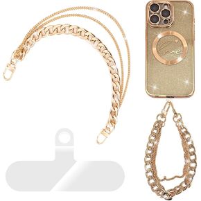 MGQILING Metal Phone Charm With Phone Tether Tab, Luxury Double Metal Buckle Wrist Strap, Hanging Accessory Anti-loss Phone Lanyard for Women Girls-Gold