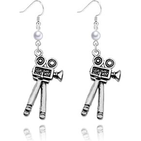 Dreuyet Movie Camera Pearl Earrings for Women Girls Personalized Classic Retro Silver Cinema Projector Dangle Drop Statement Earrings Film Director 80S Jewelry Gifts