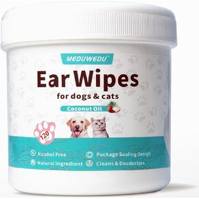 Ear Cleaner Wipes 120 Counts, Dog Ear Cleaner, Grooming Kit Care for Dogs and Cats, Soft & Easy Otic Cleaning Pads, Remove Wax, Dirt & Stop Smelly, Itchy, Non-Irritating, Coconut Scent