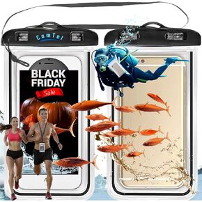 Universal Waterproof Mobile/Cell Phone Case/Pouch (2 Pack) IPX8 for iPhone 16 Pro Max /15/14/13/12/XR/X/SE//8/7, Samsung S24/S23/S22/S21 Beach Cruise Ship Essentials, up to 98 ft/30m - Black