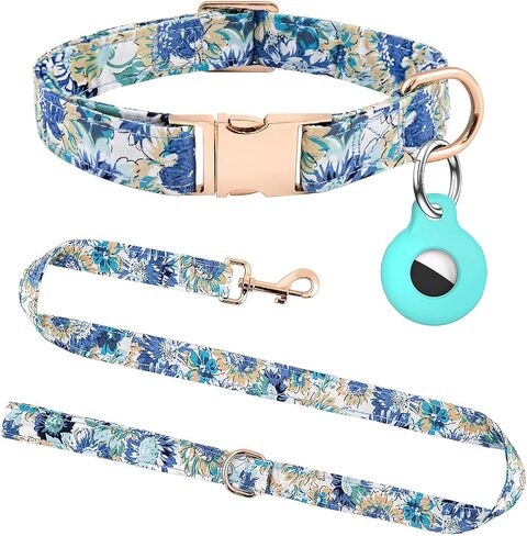 AirTag Dog Collar,Adjustable Dog Collars with AirTag Holder,Cute Puppy Collars with Metal Buckle, Soft Padded Blue Flower Patterns Pet Collar for Small Medium Large Dogs in Kuwait