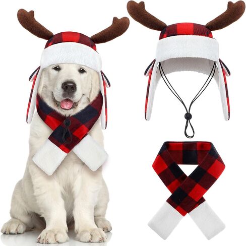 Coume عيد الميلاد قرن الوعل الاختيار الكلب قبعة ووشاح مجموعة الشتاء الأحمر والأسود الجاموس منقوشة الحيوانات الأليفة القبعات مع غطاء للأذنين قابل للتعديل عيد الميلاد احتفالي حزب الحيوانات الأليفة اللباس الملحقات زي (M) in Kuwait