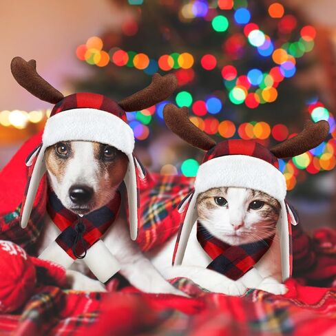 Coume عيد الميلاد قرن الوعل الاختيار الكلب قبعة ووشاح مجموعة الشتاء الأحمر والأسود الجاموس منقوشة الحيوانات الأليفة القبعات مع غطاء للأذنين قابل للتعديل عيد الميلاد احتفالي حزب الحيوانات الأليفة اللباس الملحقات زي (M) in Kuwait