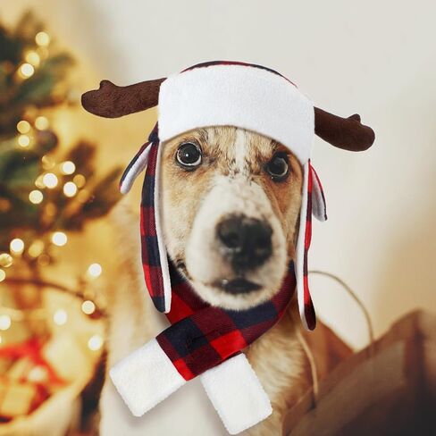 Coume عيد الميلاد قرن الوعل الاختيار الكلب قبعة ووشاح مجموعة الشتاء الأحمر والأسود الجاموس منقوشة الحيوانات الأليفة القبعات مع غطاء للأذنين قابل للتعديل عيد الميلاد احتفالي حزب الحيوانات الأليفة اللباس الملحقات زي (M) in Kuwait