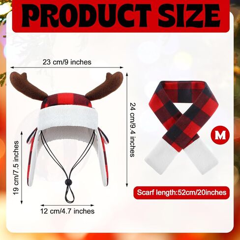 Coume عيد الميلاد قرن الوعل الاختيار الكلب قبعة ووشاح مجموعة الشتاء الأحمر والأسود الجاموس منقوشة الحيوانات الأليفة القبعات مع غطاء للأذنين قابل للتعديل عيد الميلاد احتفالي حزب الحيوانات الأليفة اللباس الملحقات زي (M) in Kuwait