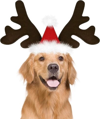 Dog Christmas Reindeer Antlers Headband with Santa Hat, Xmas Classic Elk Hat Headwear for Dogs, Pet Christmas Costume Accessories for Medium Large Dogs (Brown Antlers) in Saudi Arabia