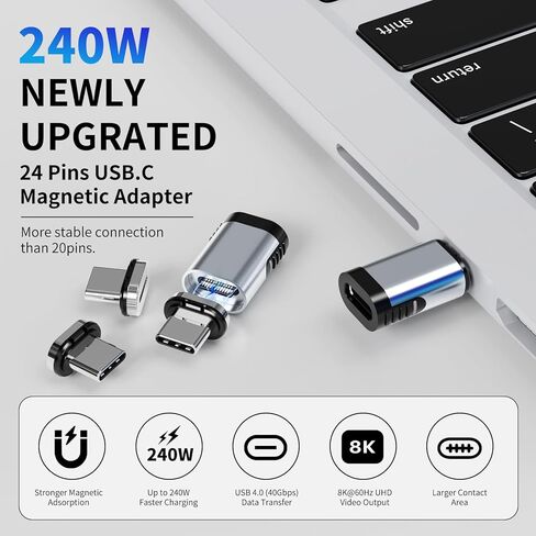 USB-C Adapter, Magnetic USB C Extender, 240W Straight Magnetic USB C Adapter with 4 Connector Tips, 24Pin USB4 40Gbps 8K 60Hz Compatible with Thunderbolt 3/4 MacBook Pro/Air in Saudi Arabia