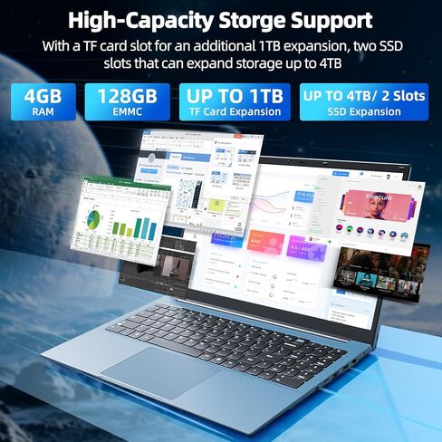 أجهزة كمبيوتر محمولة مقاس 15.6 بوصة، كمبيوتر محمول يعمل بنظام Windows 11 مع ذاكرة وصول عشوائي سعتها 4 جيجابايت وذاكرة وصول عشوائي سعتها 128 جيجابايت SSD، وسعة 4 تيرابايت قابلة للتوسيع، ومعالج Celeron N5095 رباعي النواة (يصل إلى 2.9 جيجاهرتز)، لمدة عام واح in Kuwait