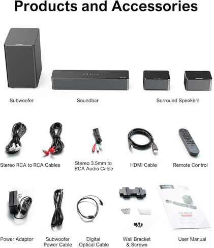 شريط صوت ULTIMEA 5.1 مع Dolby Atmos، ومضخم صوت لاسلكي، وقوة ذروة 410 واط، وتعزيز الجهير والصوت المحيطي القابل للتعديل، Poseidon D60 (متجدد، الحالة: مقبول) in Kuwait