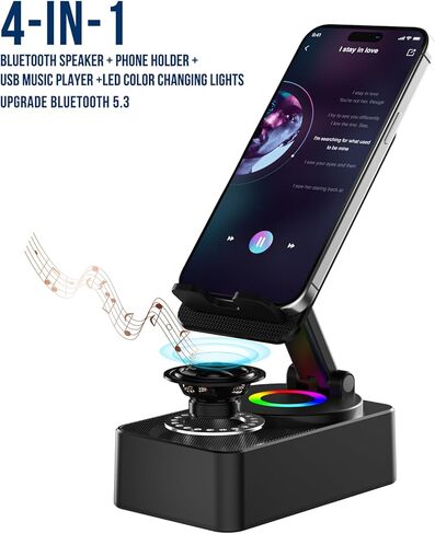 Cell Phone Stand with Wireless Bluetooth Speaker, LED, Anti-Slip Base HD Surround Sound,Perfect for Home/Outdoor with Bluetooth Speaker for Desk Compatible with iPhone/ipad/Android,Gifts for Men Women in Kuwait