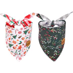 CROWNED BEAUTY Christmas Dog Bandanas Reversible Large 2 Pack, Jolly Greens Set, Plaid Adjustable Triangle Holiday Scarves for Medium Large Extra Large Dogs Boy Girl Pets DB145-L