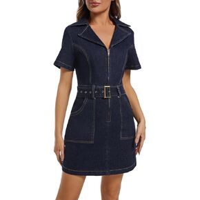 Overall Dress for Women Denim Dress Short Sleeve Lapel Zip Up Belted Cowgirl Denim Dress Denim Jumper Dress Pinafore
